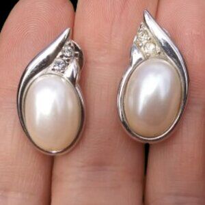 Monet clip earrings silver tone metal  large faux pearl and small rhinestones